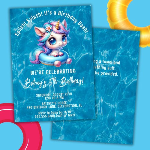 Splish Splash Girl Unicorn Pool Birthday Party Invitation