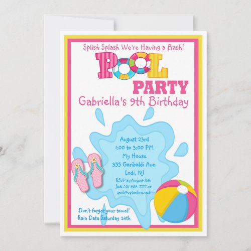Splish Splash Girls Pool party Invitation