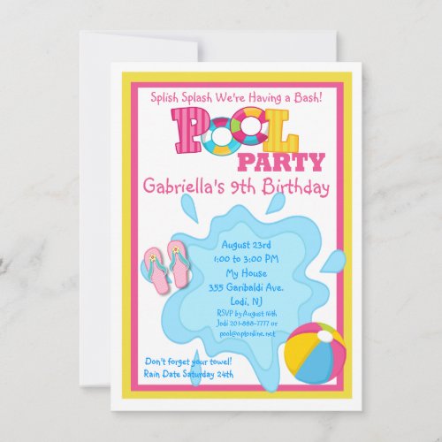 Splish Splash Girls Pool party Invitation