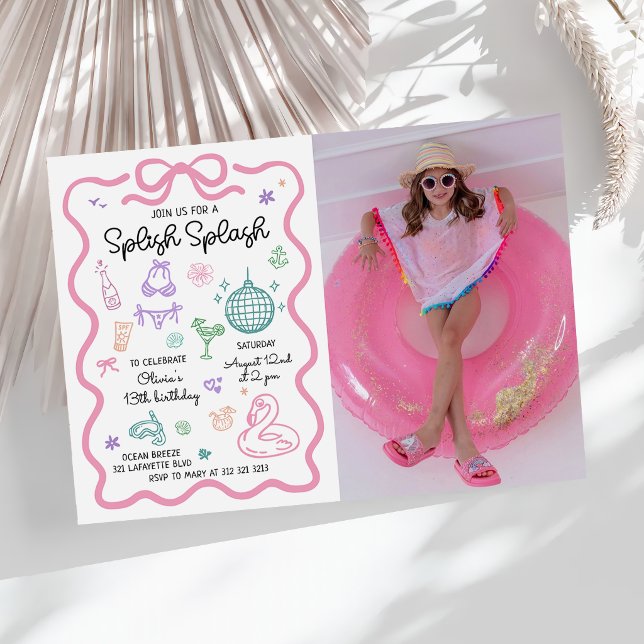 Splish Splash Hand Drawn Summer Fun Birthday Photo Invitation (Creator Uploaded)