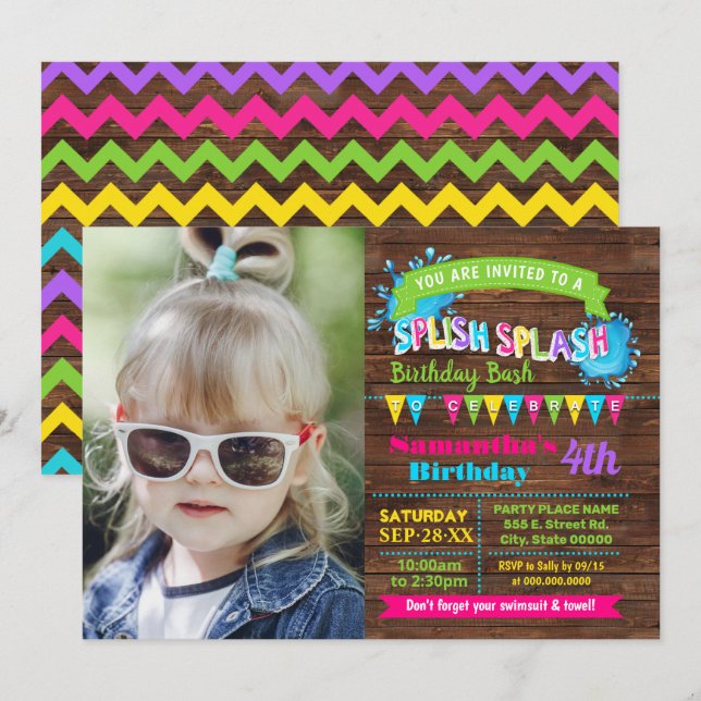 Splish Splash Hot Pink birthday summer bash photo Invitation (Front/Back)