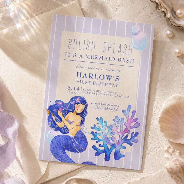 Splish Splash It’s a Mermaid Bash First Birthday Invitation (Splish Splash It’s a Mermaid Bash First Birthday Invitation)