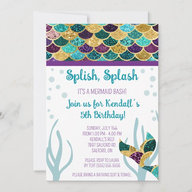 Splish, Splash, it's a Mermaid Bash Birthday Party Invitation (Front)