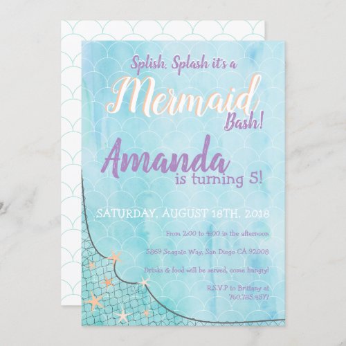 Splish Splash Its a Mermaid Bash Birthday Theme Invitation