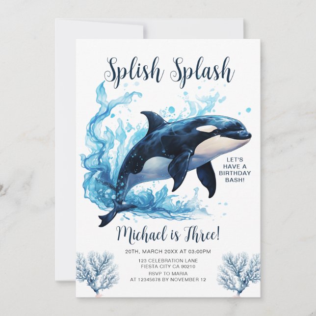 Splish Splash Killer Whale Boy Ocean Sea Birthday Invitation (Front)