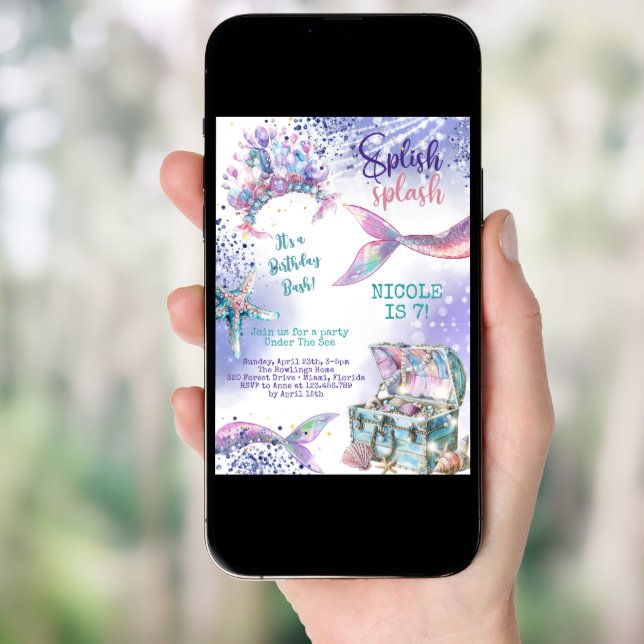 Splish splash magic mermaid birthday bash invitation (Front Digital)