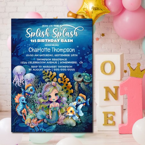 Splish Splash Mermaid 1st Birthday Bash Invitation