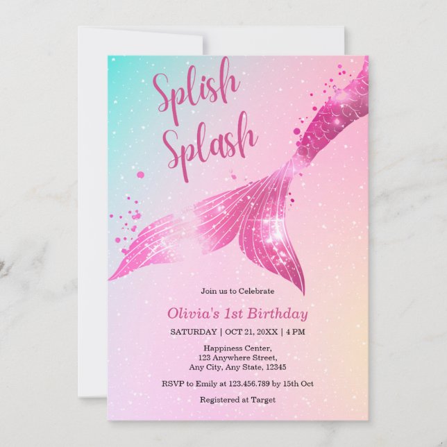 Splish Splash Mermaid Baby Girl 1st Birthday  Invitation (Front)