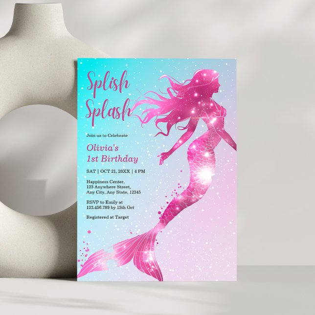Splish Splash Mermaid Baby Girl 1st Birthday  Invitation (Splish Splash Mermaid Baby Girl 1st Birthday Invitation )