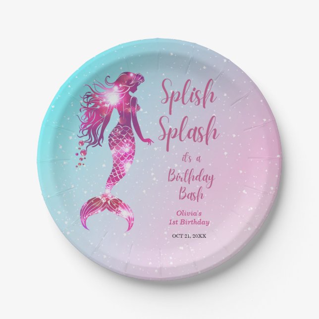 Splish Splash Mermaid Baby Girl 1st Birthday  Paper Plates (Front)