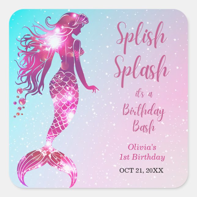 Splish Splash Mermaid Baby Girl 1st Birthday  Square Sticker (Front)