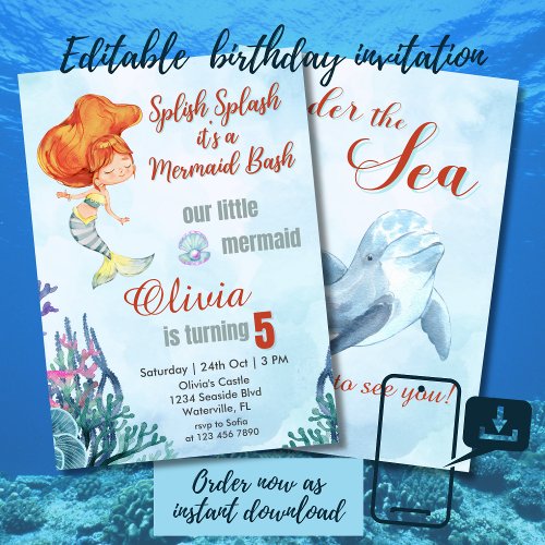 Splish Splash Mermaid Bash 5th Birthday Girl Invitation