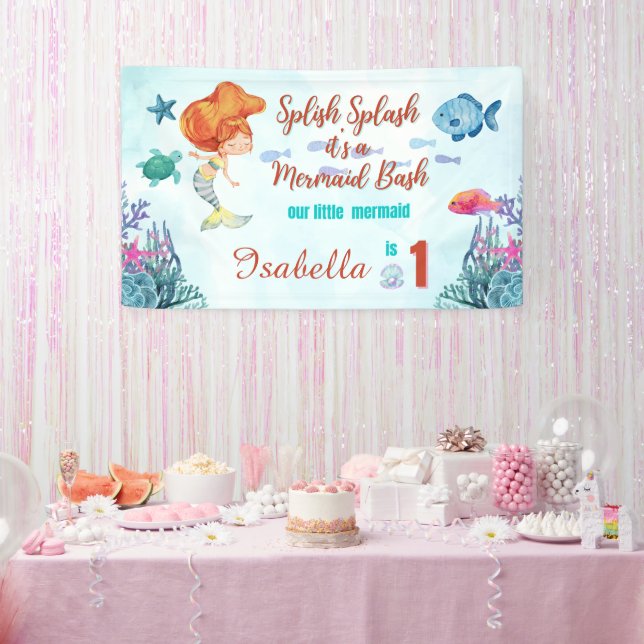 Splish Splash Mermaid Bash Girls 1st birthday  Banner (Party)