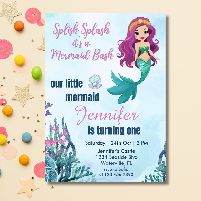 Splish Splash Mermaid Bash Girls 1st Birthday Invitation (Creator Uploaded)