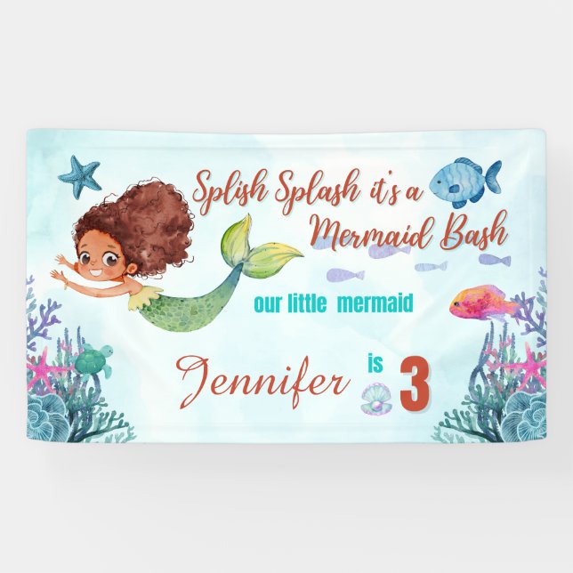 Splish Splash Mermaid Bash Girls 3rd birthday  Banner (Horizontal)