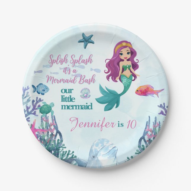 Splish Splash Mermaid Bash Girls Birthday Party Paper Plates (Front)