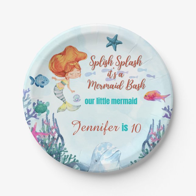 Splish Splash Mermaid Bash Girls Birthday Party Paper Plates (Front)