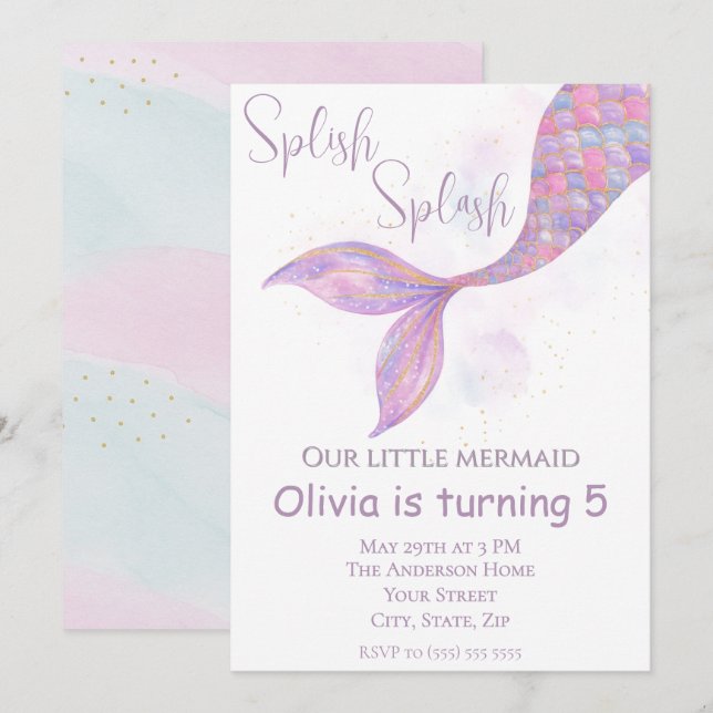 Splish Splash Mermaid Birthday Invitation (Front/Back)