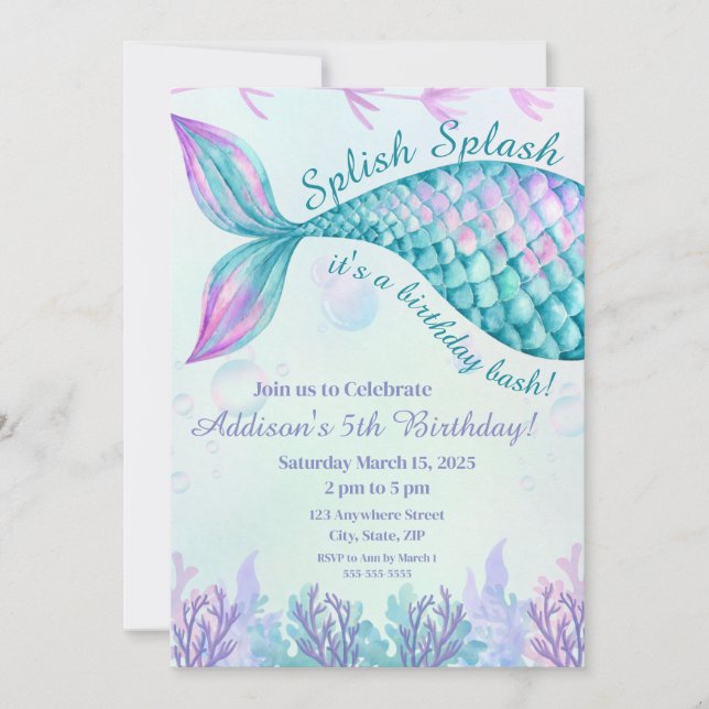 Splish Splash Mermaid Birthday Invitation (Front)
