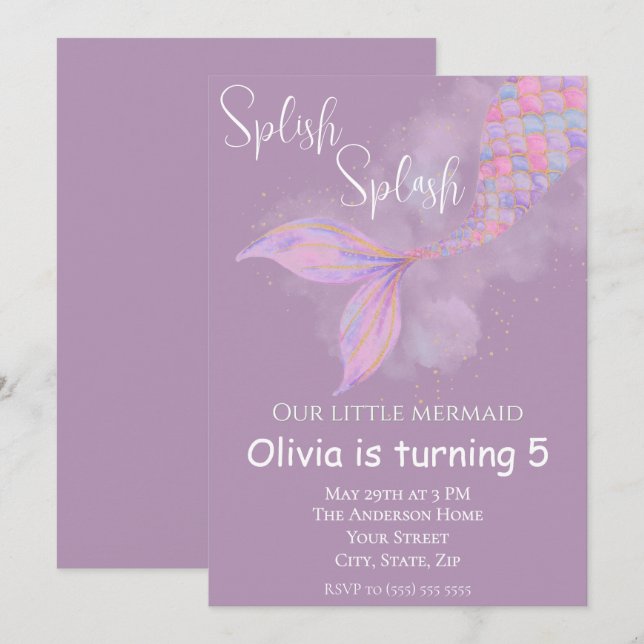 Splish Splash Mermaid Birthday Invitation (Front/Back)