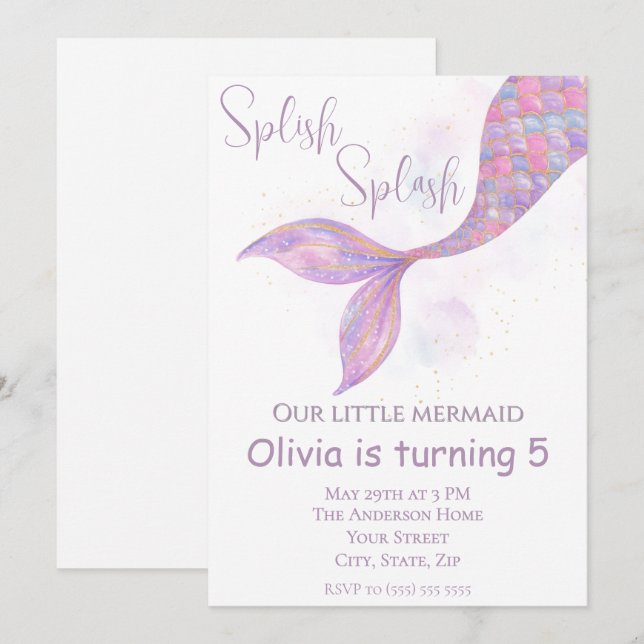 Splish Splash Mermaid Birthday Invitation (Front/Back)