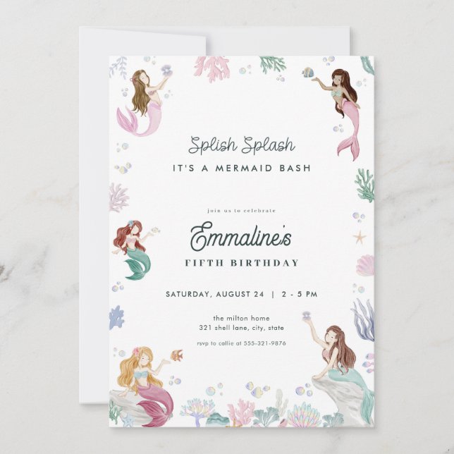 Splish Splash Mermaid Birthday Invitation (Front)