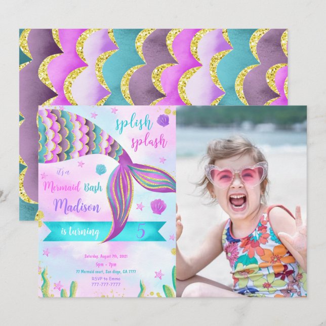 Splish Splash Mermaid Birthday Photo Invitation (Front/Back)