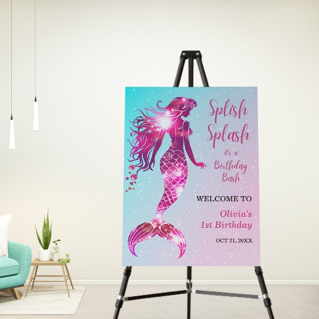 Splish Splash Mermaid Girl 1st Birthday Welcome  Foam Board (Splish Splash Mermaid Girl 1st Birthday Welcome Sign )