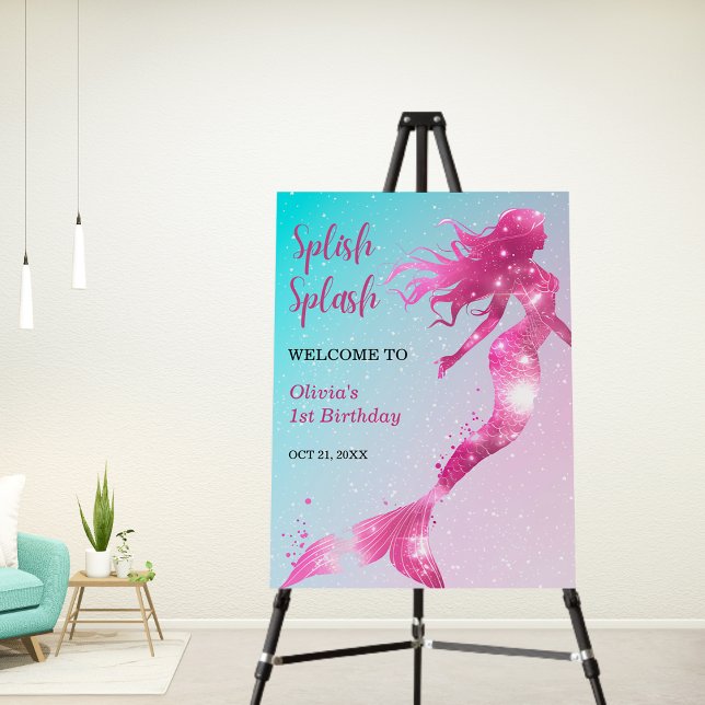 Splish Splash Mermaid Girl 1st Birthday Welcome  Foam Board (Splish Splash Mermaid Girl 1st Birthday Welcome Sign )
