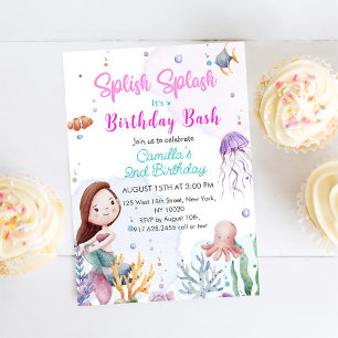 Splish Splash Mermaid Girl 2nd Birthday Party Invitation