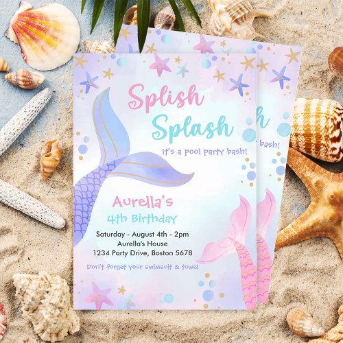 Splish Splash Mermaid Girl 4th Birthday Party Invitation