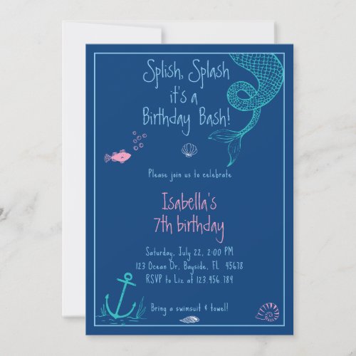 Splish Splash Mermaid Girl Pool Party  Invitation