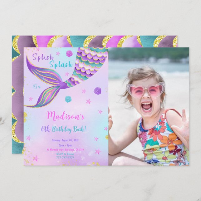 Splish Splash Mermaid Photo Invitation (Front/Back)