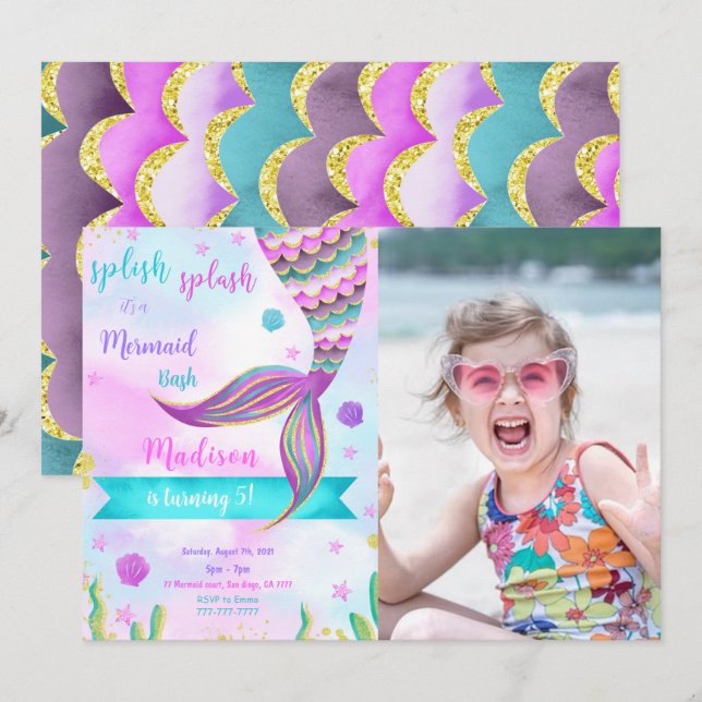 Splish Splash Mermaid Photo Invitation (Front/Back)