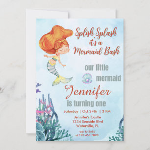 Splish Splash Orang Mermaid Bash 1st Birthday Girl Invitation
