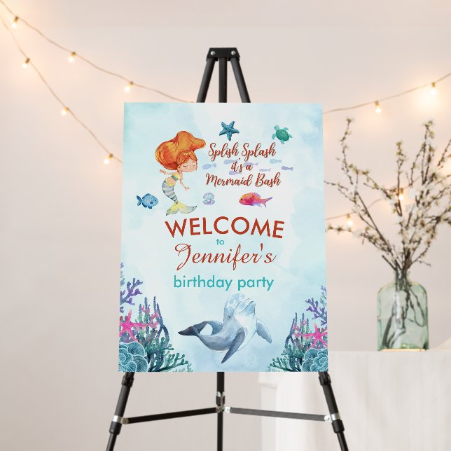 Splish Splash Orange Mermaid Bash Girls Birthday Foam Board (In Situ (Stand))