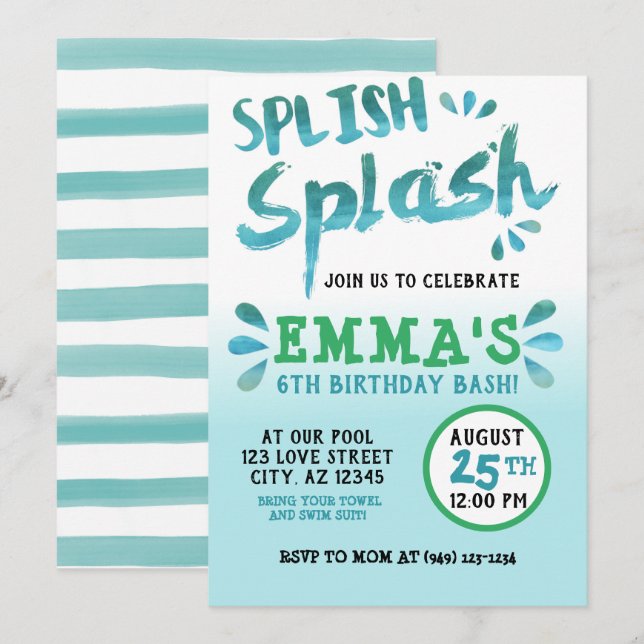 Splish Splash Park Party Summer Boy's Birthday Invitation (Front/Back)