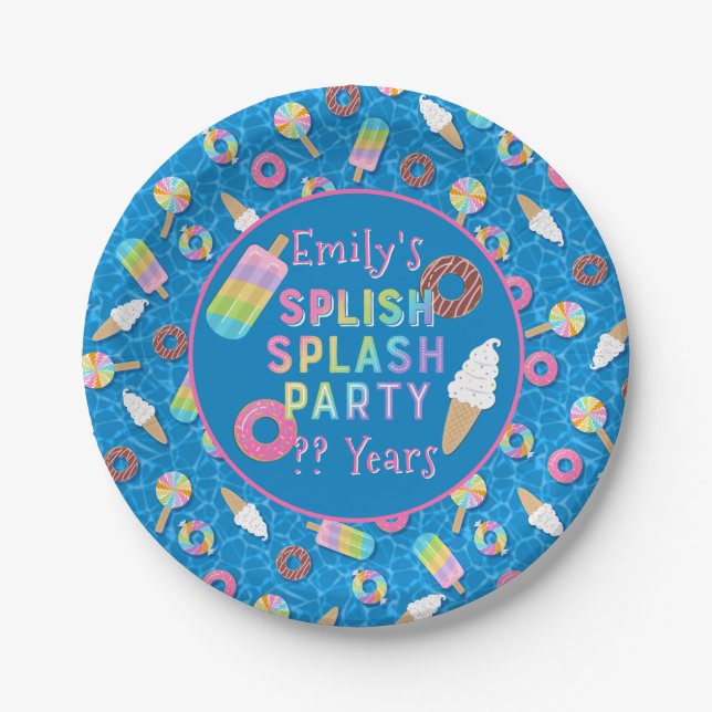 Splish Splash Party l Pool Birthday l Desserts Paper Plates (Front)