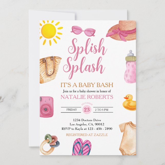 Splish Splash Pink Beach Summer girl Baby Shower  Invitation (Front)