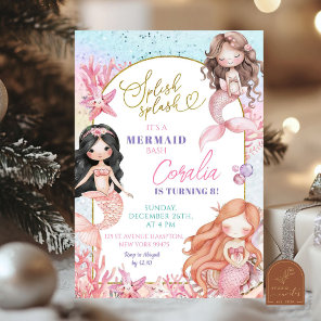 Splish Splash Pink Sea Mermaid Bash Birthday Girl Invitation