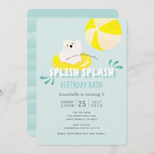 Splish Splash Polar Bear Blue Birthday Invitation