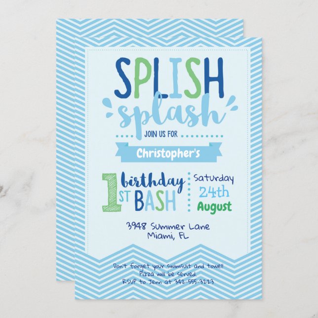 Splish Splash Pool Party 1st Birthday Invitation (Front/Back)
