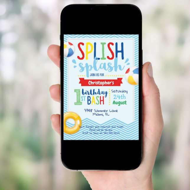 Splish Splash Pool Party 1st Birthday Invitation (Front Digital)