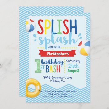 Splish Splash Pool Party 1st Birthday Invitation by bydandeliondesign at Zazzle