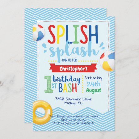 Splish Splash Pool Party 1st Birthday Invitation