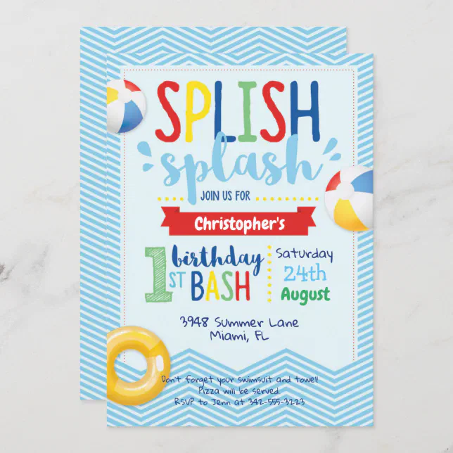 Splish Splash Pool Party 1st Birthday Invitation | Zazzle