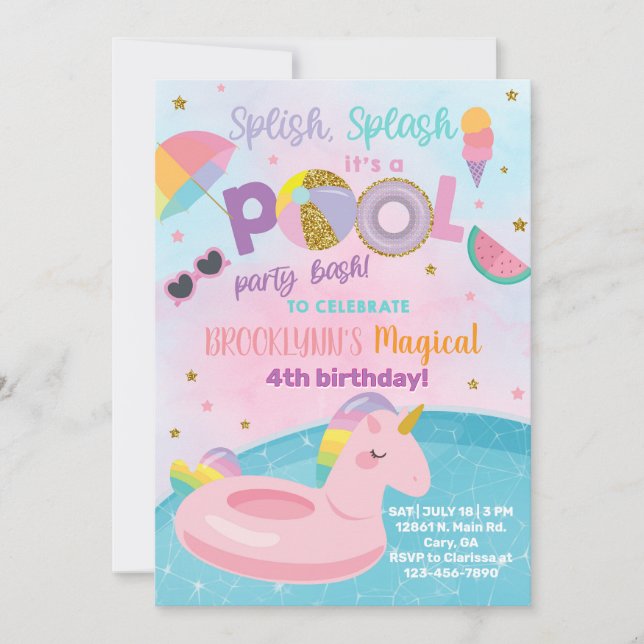 Splish splash pool party birthday bash, unicorn. invitation (Front)