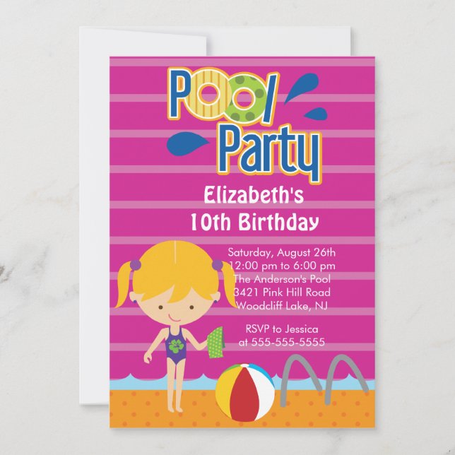 Splish Splash Pool Party Birthday Invitation girl (Front)