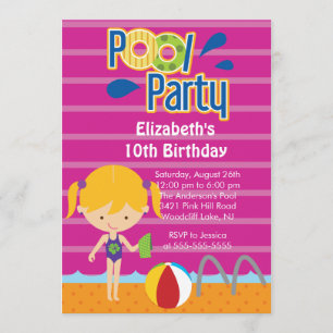 Splish Splash Pool Party Birthday Invitation girl