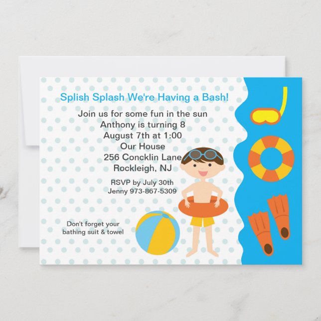 Splish Splash Pool Party Boys Birthday Invitation (Front)